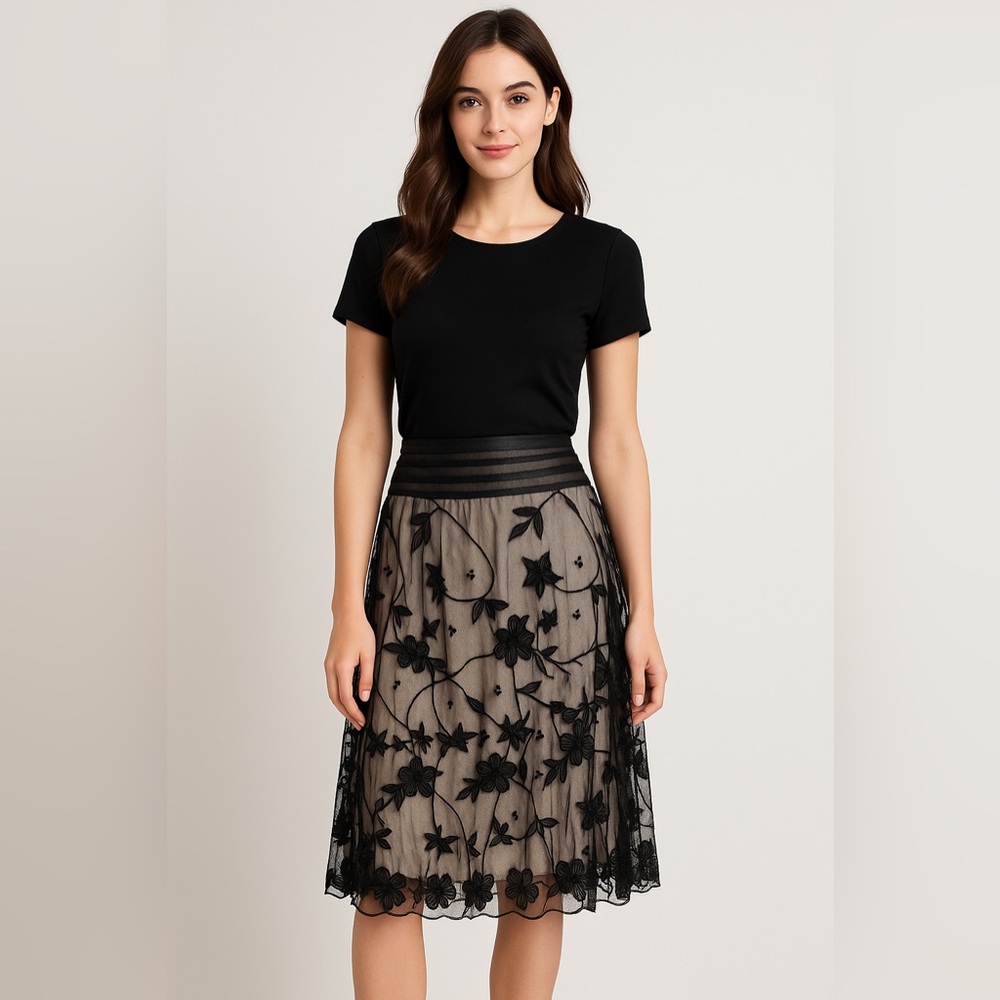 Rachelle Elegant Black Floral Embroidered Skirt
